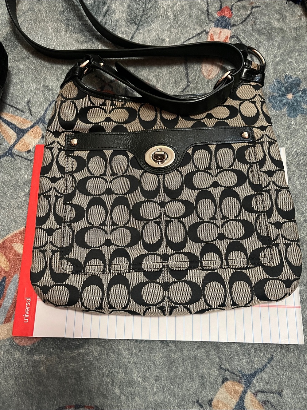 Coach Black and Tan Signature Canvas Crossbody with Turn-Lock